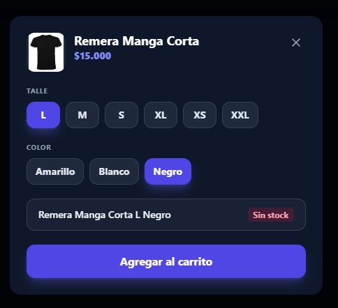 Selector de variante con los atributos disponibles
