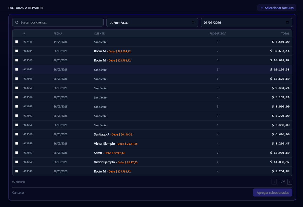 Selector de facturas para el reparto