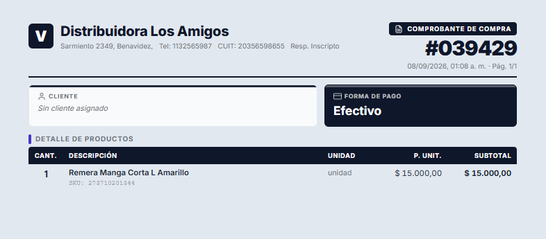Comprobante A4 con el detalle y el código de la variante